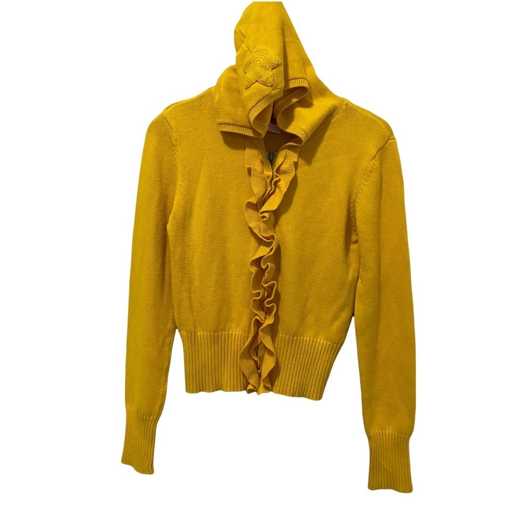 Fiorucci Knitted Golden Yellow Sweater Hoodie  Full Zip Large Star Croch…